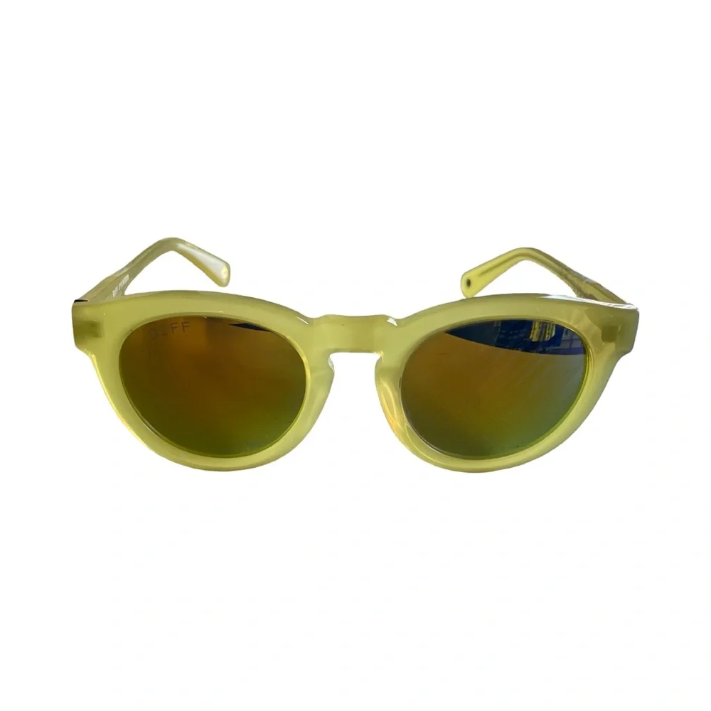DIFF Eyewear Round Sunglasses Yellow Frame Mirrored Lens Retro Style